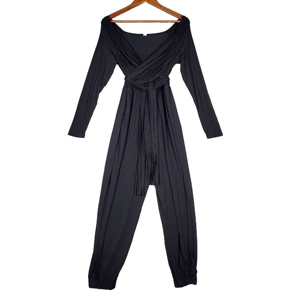 Anthropologie Daily Practice Wrap Jumpsuit Women's Small Black Belted-Waist Boho